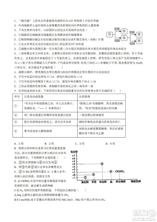 河南省信阳高级中学2022-2023学年高三上学期开学考试理科综合试题及答案 河南省信阳高级中学2022-2023学年高三上学期开学考试理科综合试题及答案