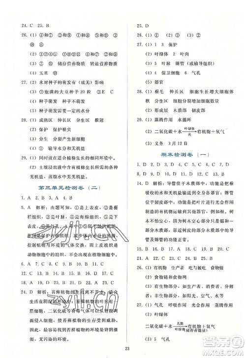 人民教育出版社2022同步轻松练习七年级生物上册人教版答案