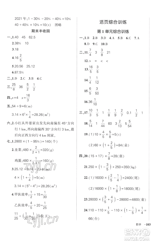 吉林教育出版社2022秋季状元成才路创优作业100分六年级上册数学人教版广东专版参考答案