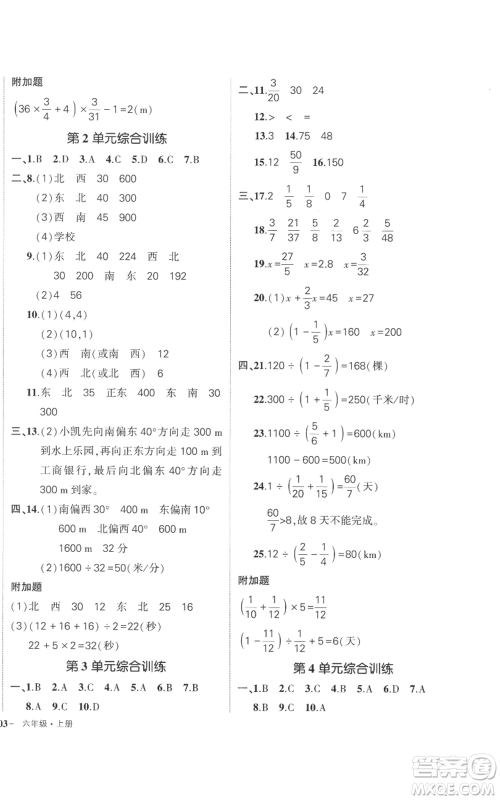 吉林教育出版社2022秋季状元成才路创优作业100分六年级上册数学人教版广东专版参考答案