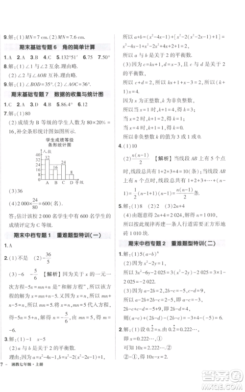 吉林教育出版社2022秋季状元成才路创优作业七年级上册数学湘教版参考答案