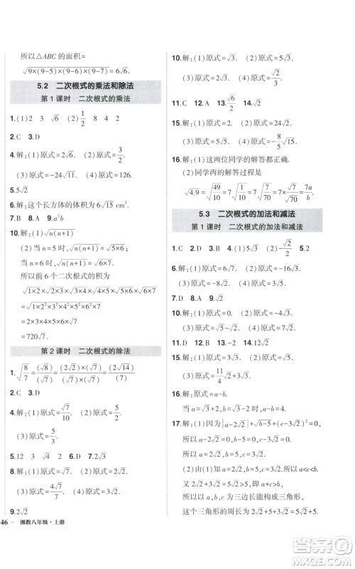 吉林教育出版社2022秋季状元成才路创优作业八年级上册数学湘少版参考答案