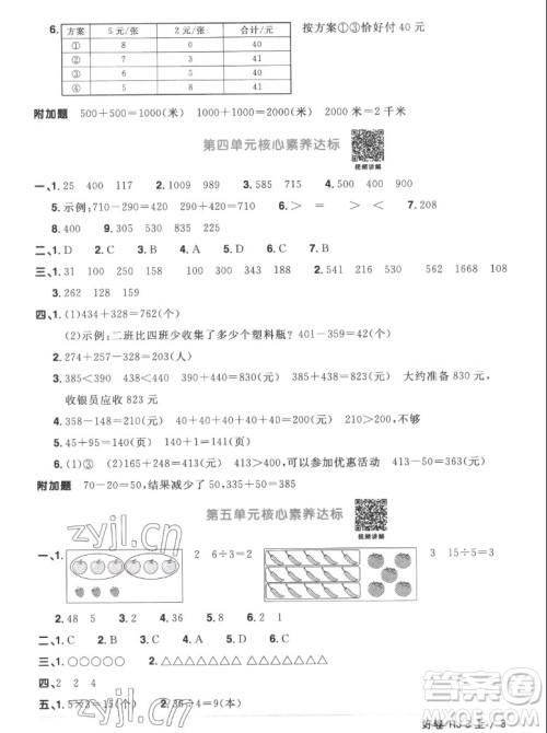 江西教育出版社2022阳光同学一线名师全优好卷数学三年级上册人教版答案