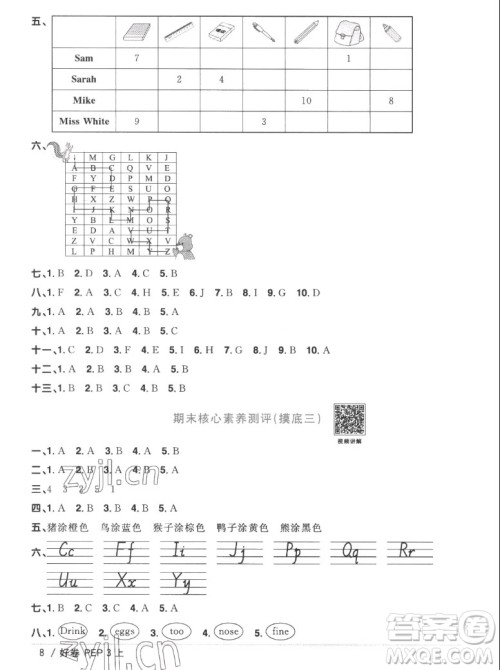 江西教育出版社2022阳光同学一线名师全优好卷英语三年级上册人教版答案