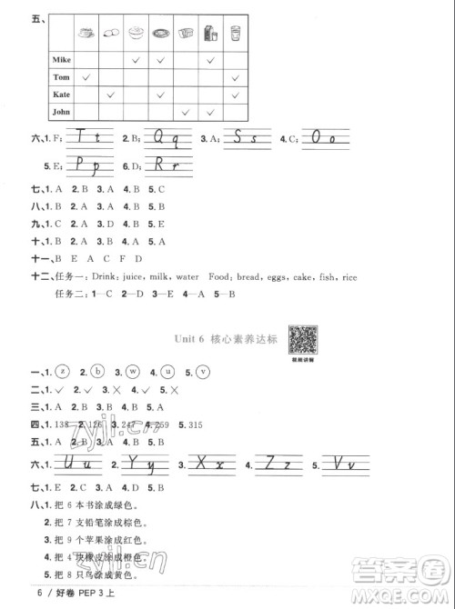 江西教育出版社2022阳光同学一线名师全优好卷英语三年级上册人教版答案