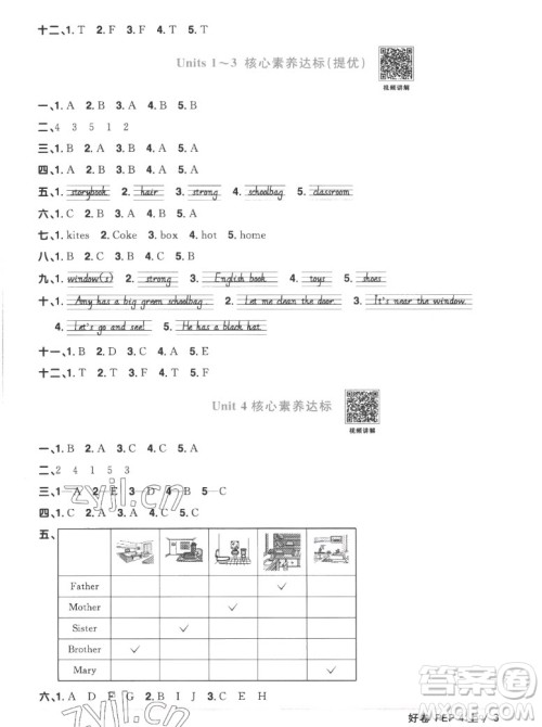 江西教育出版社2022阳光同学一线名师全优好卷英语四年级上册人教版答案