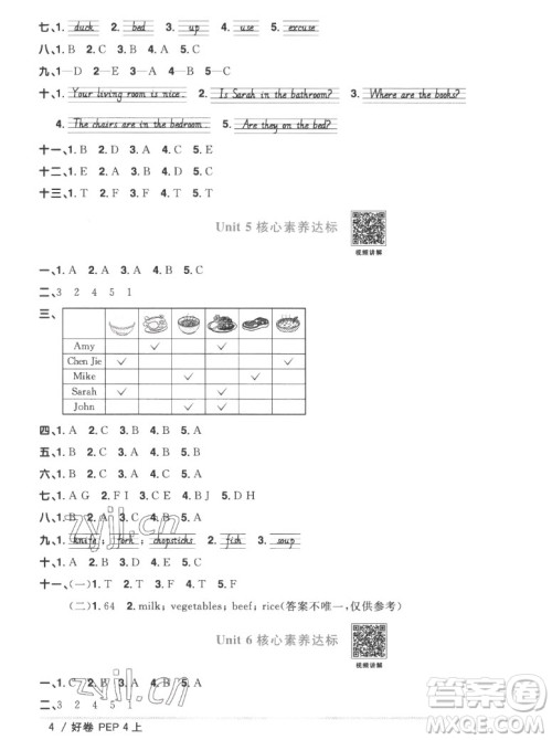 江西教育出版社2022阳光同学一线名师全优好卷英语四年级上册人教版答案