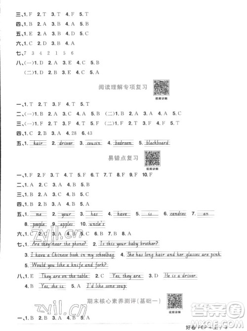 江西教育出版社2022阳光同学一线名师全优好卷英语四年级上册人教版答案