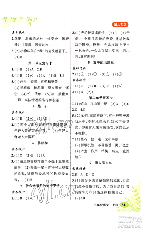 吉林教育出版社2022秋季状元成才路状元大课堂五年级上册语文人教版湖北专版参考答案 吉林教育出版社2022秋季状元成才路状元大课堂五年级上册语文人教版湖北专版参考答案