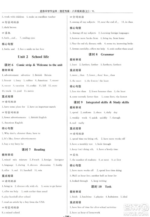 龙门书局2022启东中学作业本八年级英语上册YL译林版宿迁专版答案 龙门书局2022启东中学作业本八年级英语上册YL译林版宿迁专版答案