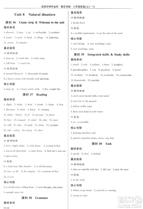 龙门书局2022启东中学作业本八年级英语上册YL译林版宿迁专版答案 龙门书局2022启东中学作业本八年级英语上册YL译林版宿迁专版答案