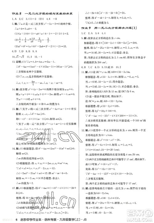 龙门书局2022启东中学作业本九年级数学上册JS江苏版徐州专版答案 龙门书局2022启东中学作业本九年级数学上册JS江苏版徐州专版答案