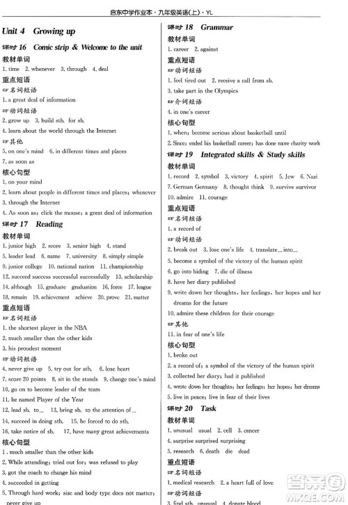 龙门书局2022启东中学作业本九年级英语上册YL译林版答案 龙门书局2022启东中学作业本九年级英语上册YL译林版答案