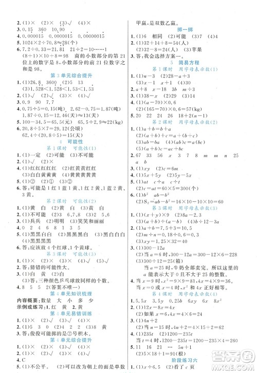 新疆青少年出版社2022原创新课堂五年级数学上册RJ人教版答案