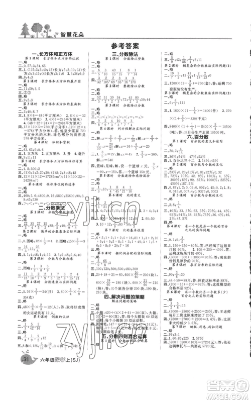 天津科学技术出版社2022智慧花朵六年级上册数学苏教版参考答案