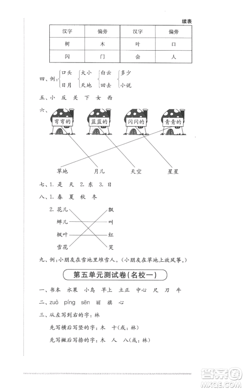 华东师范大学出版社2022上海名校名卷一年级上册语文人教版参考答案