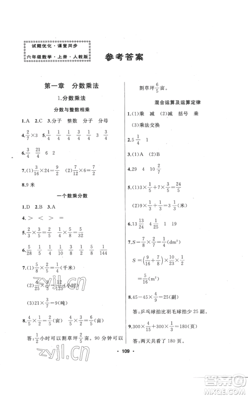 延边人民出版社2022秋季试题优化课堂同步六年级上册数学人教版参考答案