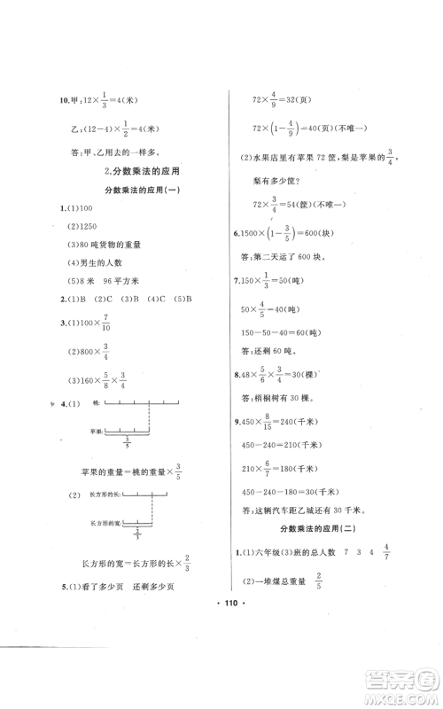 延边人民出版社2022秋季试题优化课堂同步六年级上册数学人教版参考答案