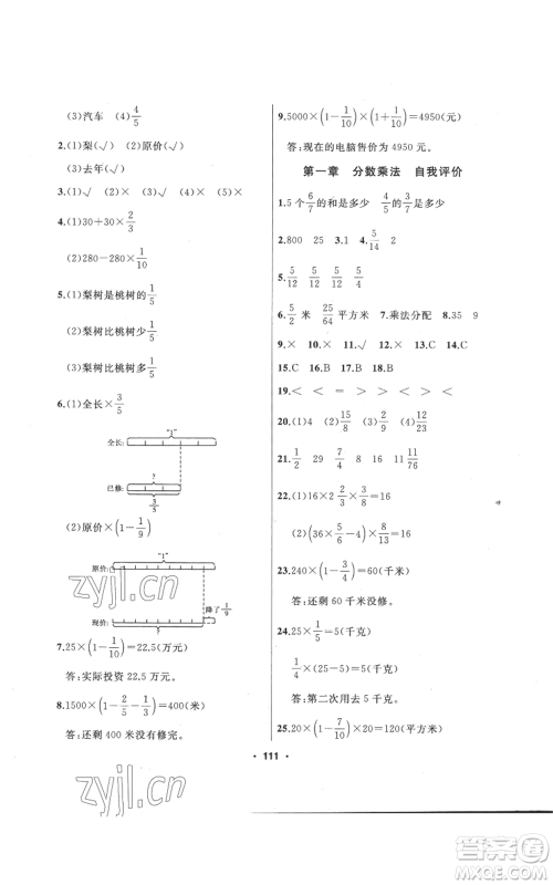 延边人民出版社2022秋季试题优化课堂同步六年级上册数学人教版参考答案