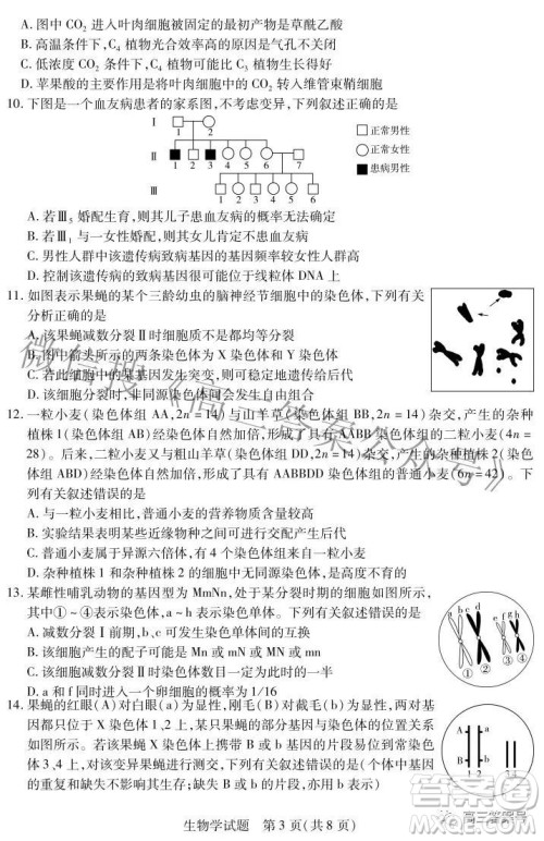 天一大联考2022-2023学年上安徽卓越县中联盟高三年级开学考生物学试题及答案