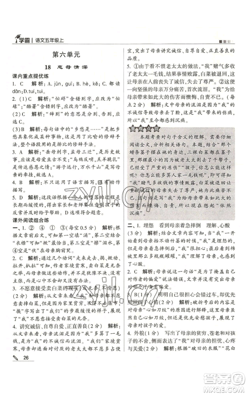 甘肃少年儿童出版社2022经纶学典学霸五年级上册语文人教版参考答案 甘肃少年儿童出版社2022经纶学典学霸五年级上册语文人教版参考答案