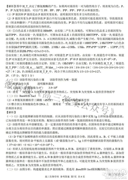 2022学年第一学期浙江省七彩阳光新高考研究联盟返校联考高三生物试题及答案