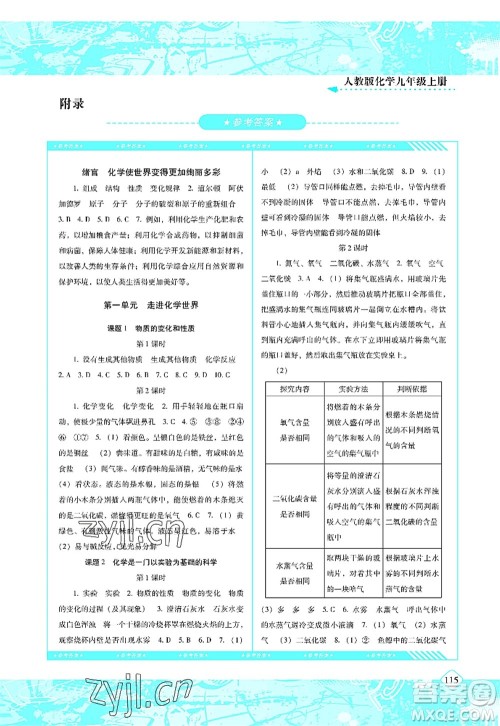 湖南少年儿童出版社2022课程基础训练九年级化学上册人教版答案
