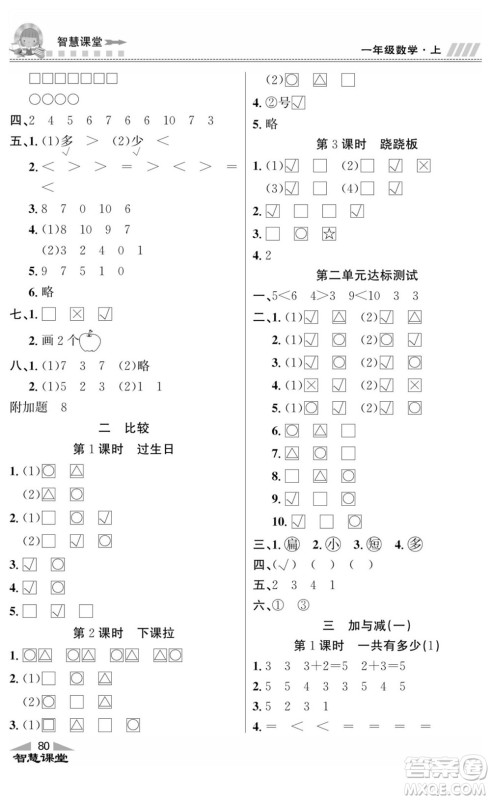 云南科技出版社2022秋智慧课堂同步讲练测数学一年级上册BS北师版答案
