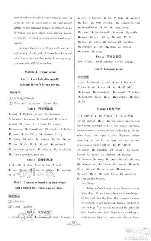 北京教育出版社2022秋季教与学课程同步讲练九年级英语外研版参考答案