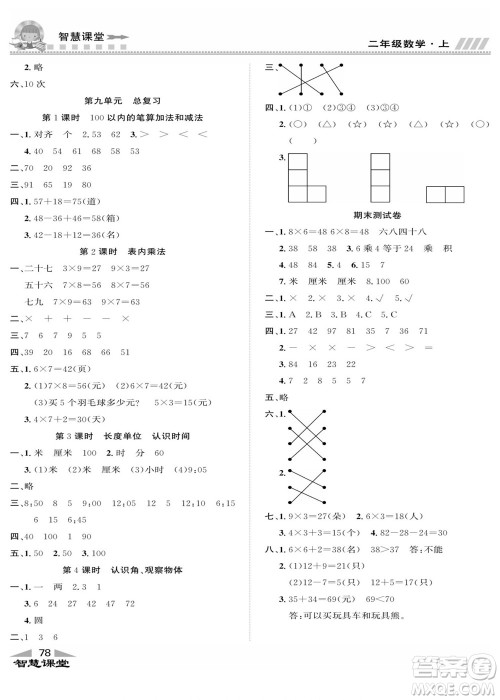 云南科技出版社2022秋智慧课堂同步讲练测数学二年级上册RJ人教版答案