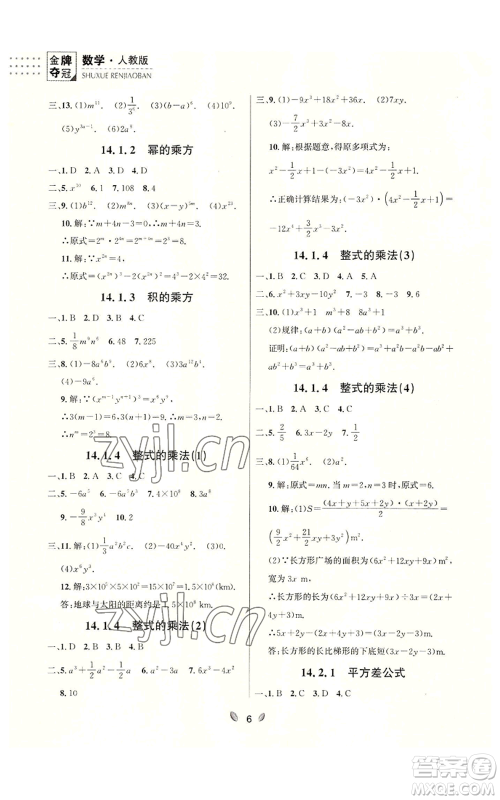 延边大学出版社2022点石成金金牌夺冠八年级上册数学人教版参考答案