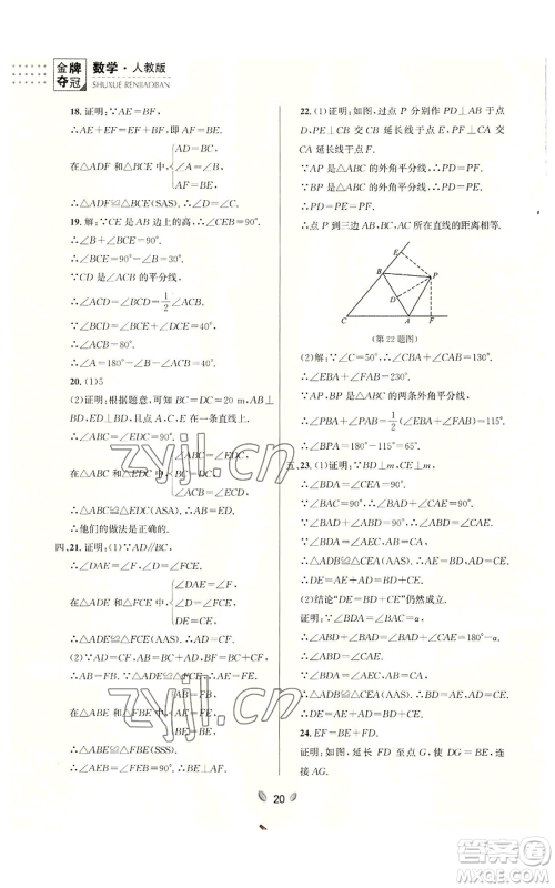 延边大学出版社2022点石成金金牌夺冠八年级上册数学人教版参考答案