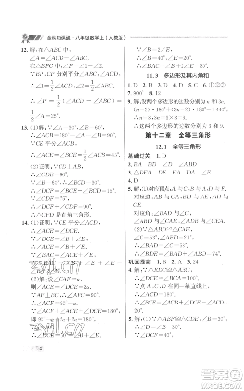 延边大学出版社2022秋季点石成金金牌每课通八年级上册数学人教版参考答案