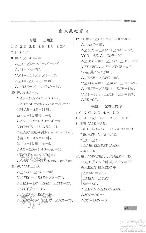 延边大学出版社2022秋季点石成金金牌每课通八年级上册数学人教版参考答案