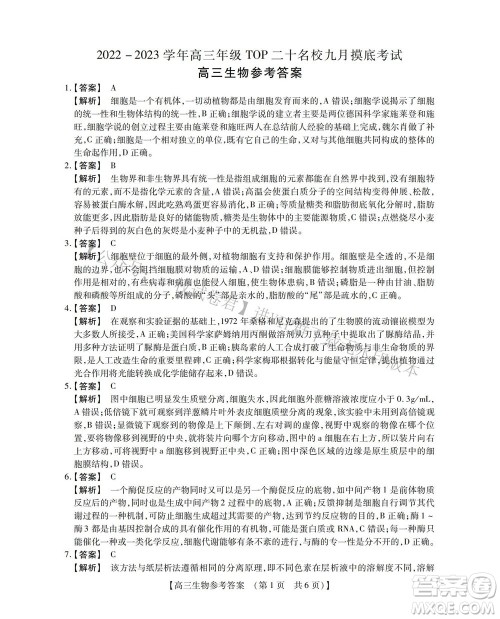 河南省六市2022-2023学年高三年级TOP二十名校九月摸底考试高三生物试卷及答案