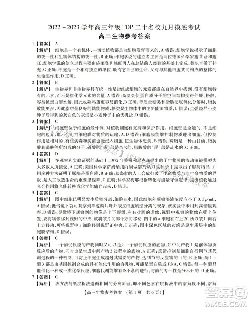 河南省六市2022-2023学年高三年级TOP二十名校九月摸底考试高三生物试卷及答案