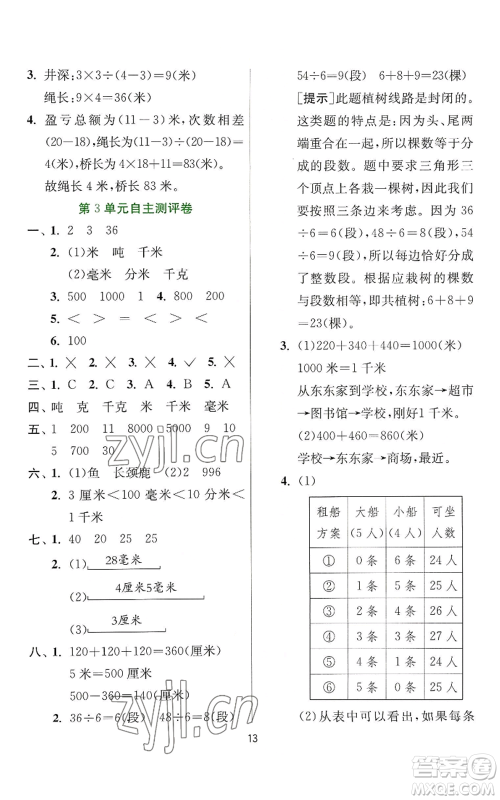 江苏人民出版社2022秋季实验班提优训练三年级上册数学人教版参考答案 江苏人民出版社2022秋季实验班提优训练三年级上册数学人教版参考答案