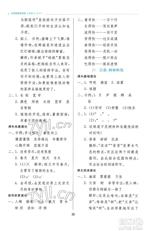 江苏人民出版社2022秋季实验班提优训练三年级上册语文人教版参考答案