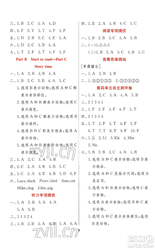 江苏人民出版社2022秋季实验班提优训练三年级上册英语人教版参考答案 江苏人民出版社2022秋季实验班提优训练三年级上册英语人教版参考答案