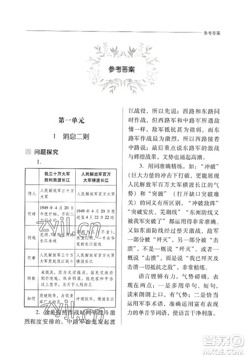 山西教育出版社2022新课程问题解决导学方案八年级语文上册人教版答案 山西教育出版社2022新课程问题解决导学方案八年级语文上册人教版答案