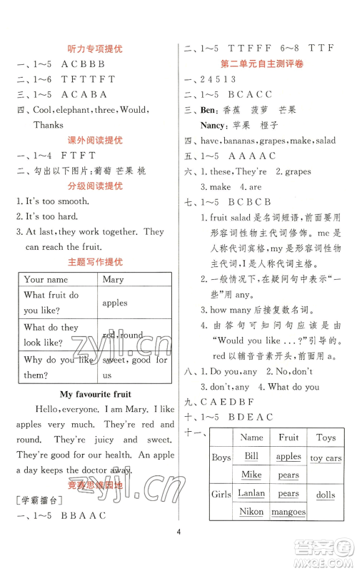 江苏人民出版社2022秋季实验班提优训练四年级上册英语译林版参考答案 江苏人民出版社2022秋季实验班提优训练四年级上册英语译林版参考答案