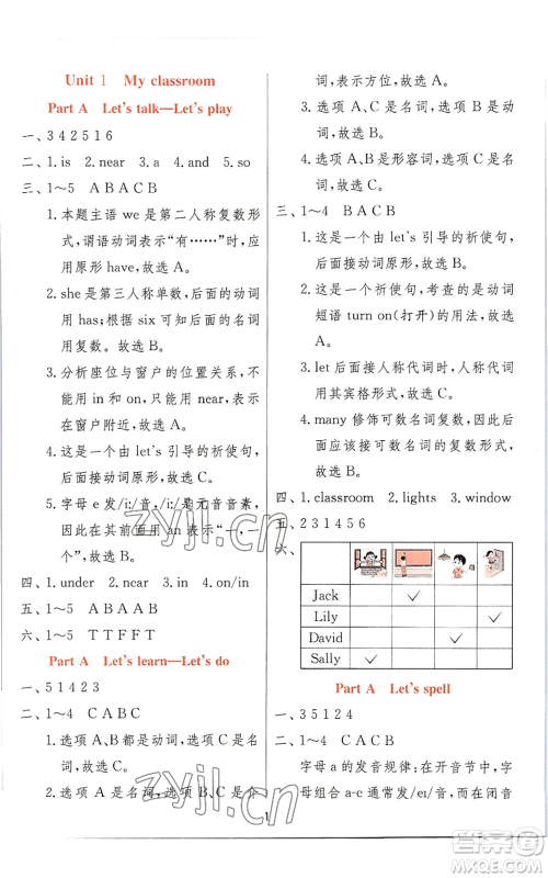 江苏人民出版社2022秋季实验班提优训练四年级上册英语人教版参考答案 江苏人民出版社2022秋季实验班提优训练四年级上册英语人教版参考答案