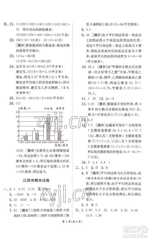 江苏人民出版社2022秋季实验班提优训练五年级上册数学苏教版参考答案