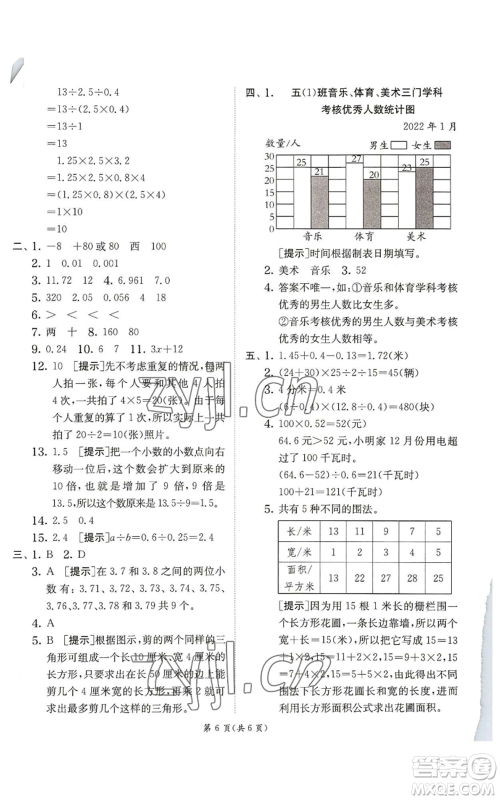 江苏人民出版社2022秋季实验班提优训练五年级上册数学苏教版参考答案