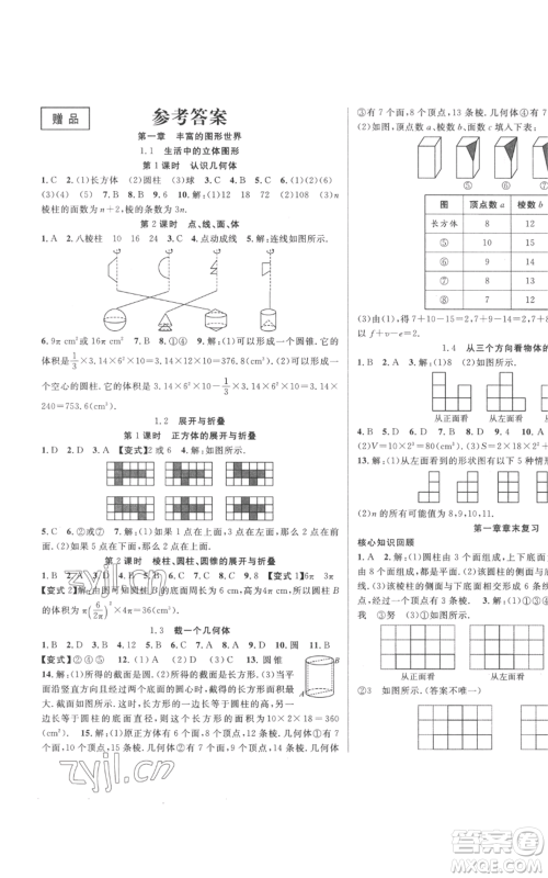 新疆科学技术出版社2022秋季课时夺冠七年级上册数学北师大版参考答案