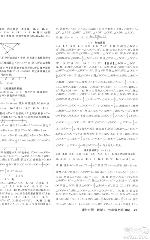 新疆科学技术出版社2022秋季课时夺冠七年级上册数学北师大版参考答案