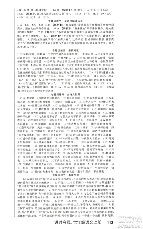 新世纪出版社2022秋季课时夺冠七年级上册语文人教版河南专版参考答案 新世纪出版社2022秋季课时夺冠七年级上册语文人教版河南专版参考答案