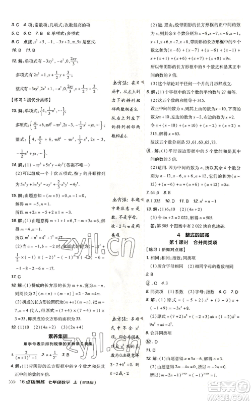 安徽教育出版社2022秋季点拨训练七年级上册数学北师大版参考答案