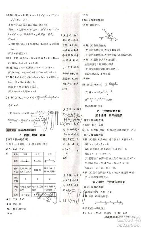 安徽教育出版社2022秋季点拨训练七年级上册数学北师大版参考答案