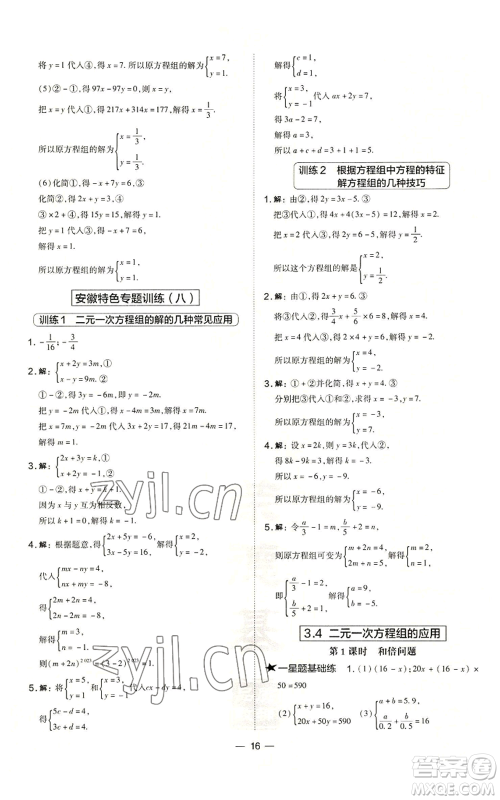 山西教育出版社2022秋季点拨训练七年级上册数学沪科版安徽专用参考答案